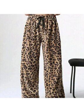 Multicolor Casual Women's Tie-Waist Fluffy Leopard Print Wide Leg Baggy Pants